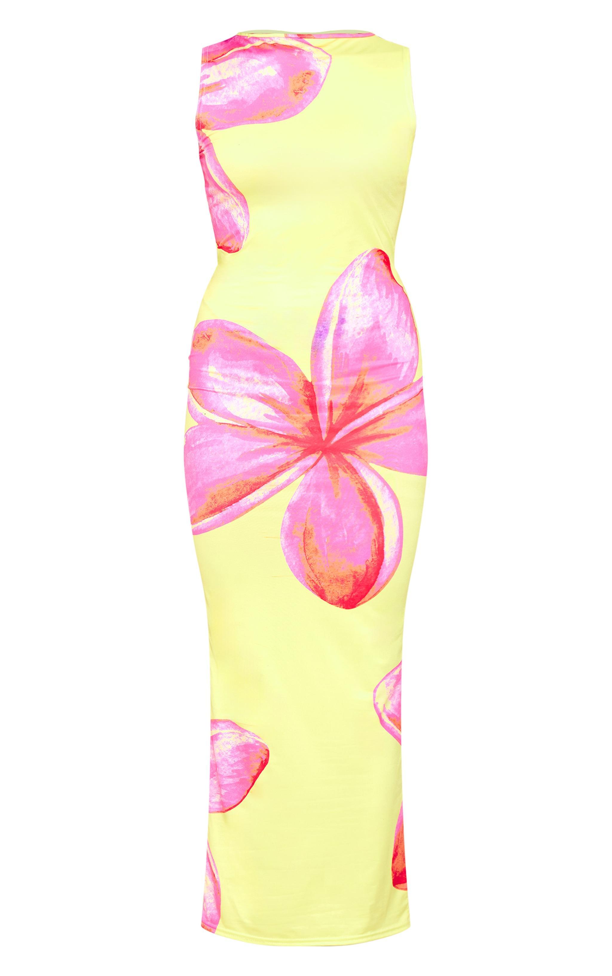 Yellow Slinky Floral Printed Square Neck Maxi Dress Product Image