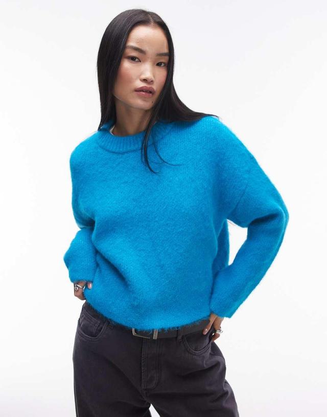 Topshop knitted fluffy relaxed ultimate sweater in bright blue Product Image