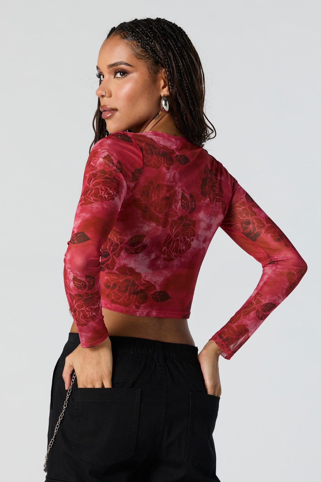 Floral Print Mesh Long Sleeve Crop Top Female Product Image