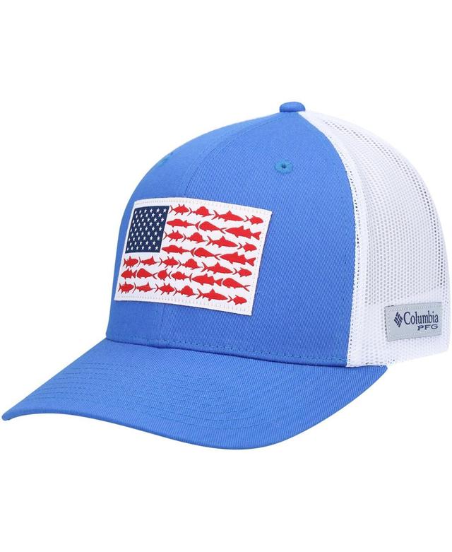 Mens Royal and White Pfg Fish Flag Coolmax Trucker Snapback Hat Product Image