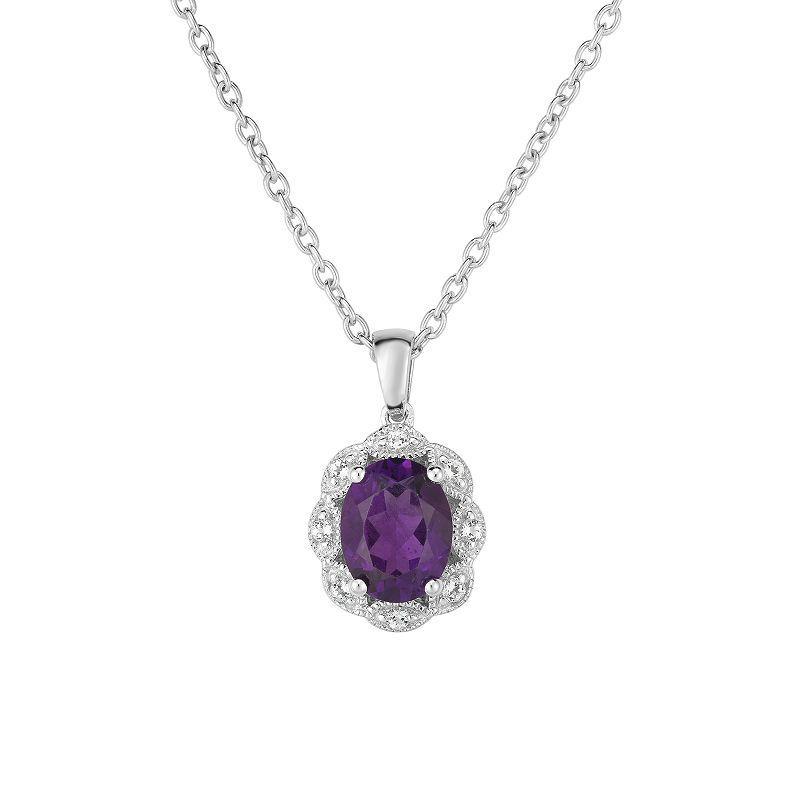 Sterling Silver Gemstone & White Topaz Oval Halo Pendant, Womens Purple Product Image