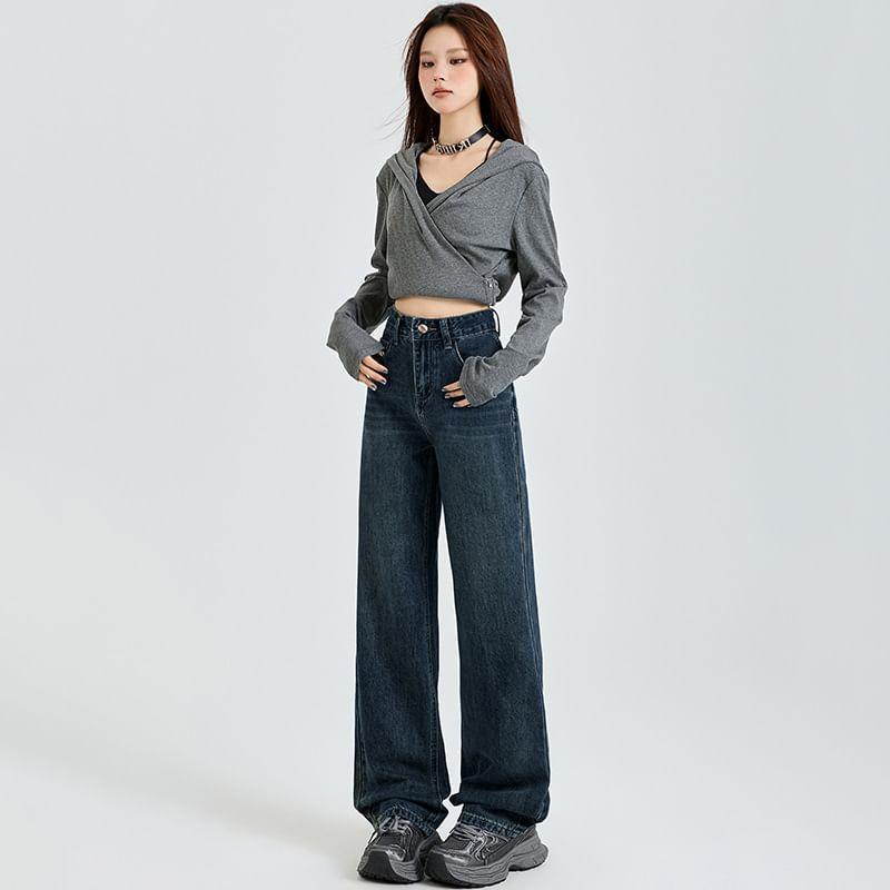 High Waist Washed Fleece-Lined Wide Leg Jeans (Various Designs) Product Image