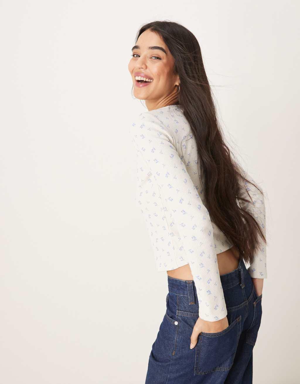 ASOS DESIGN printed ditsy waffle henley in cream Product Image