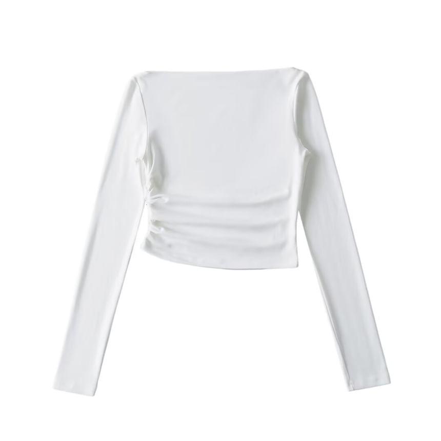 Long-Sleeve Boat Neck Ruched Crop Slim Fit T-Shirt Product Image