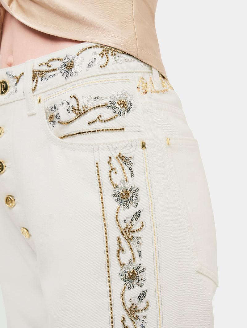 Embroidered off white denim jeans Product Image