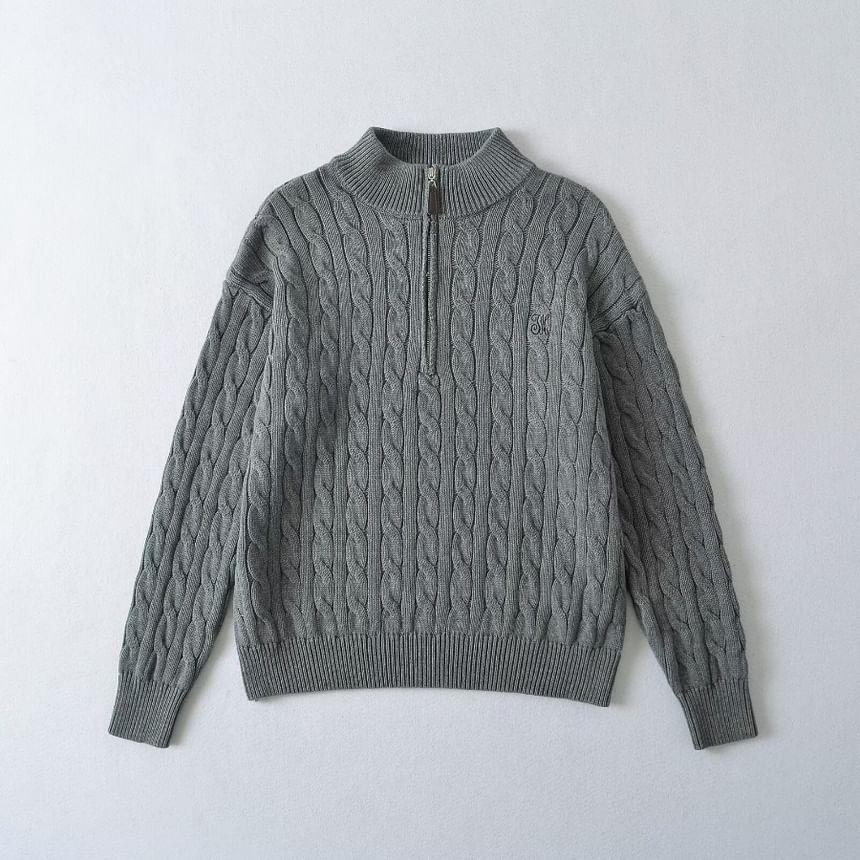 Stand Collar Half Zip Plain Cable Knit Sweater Product Image