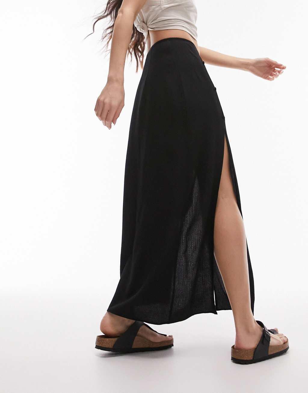 Topshop button slit midi skirt in black Product Image