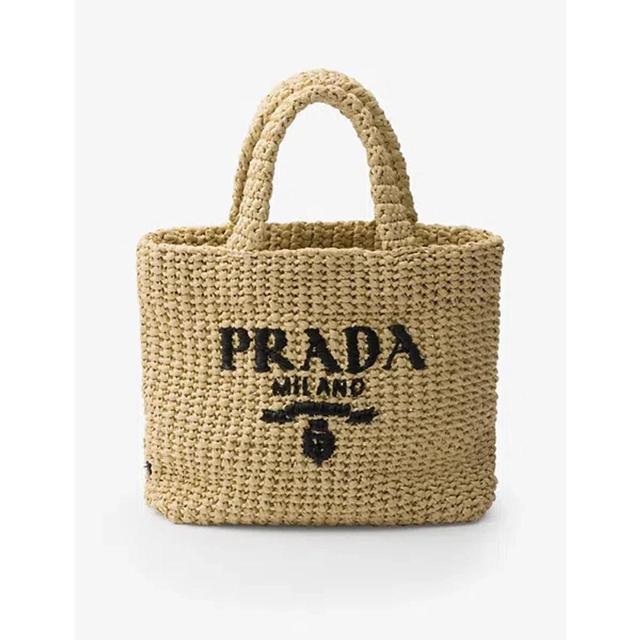 PRADA Embroidered-logo Small Crochet Tote Bag In Beige Khaki Product Image