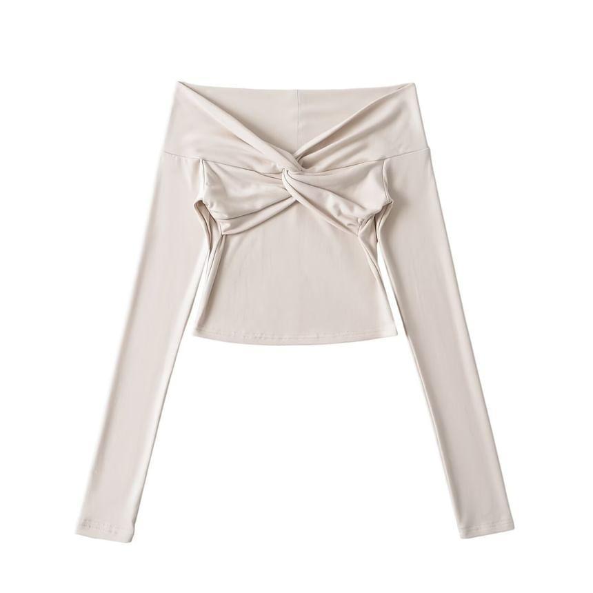 Long Sleeve Off Shoulder Plain Twist Cropped Top Product Image