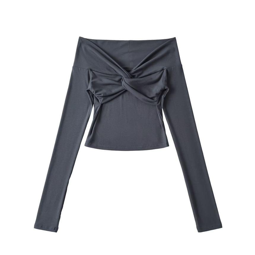 Long Sleeve Off Shoulder Plain Twist Cropped Top Product Image