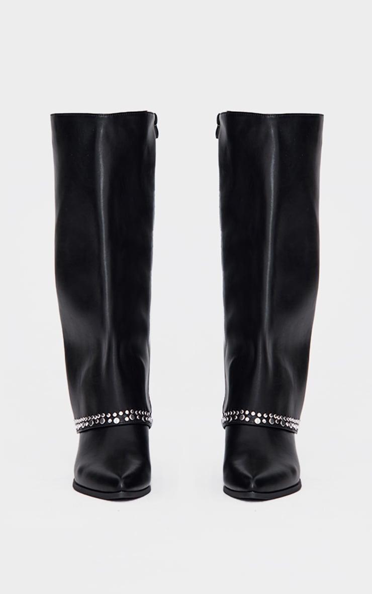 Black PU Point Toe Studded Fold Over Low Block Heeled Boots Product Image