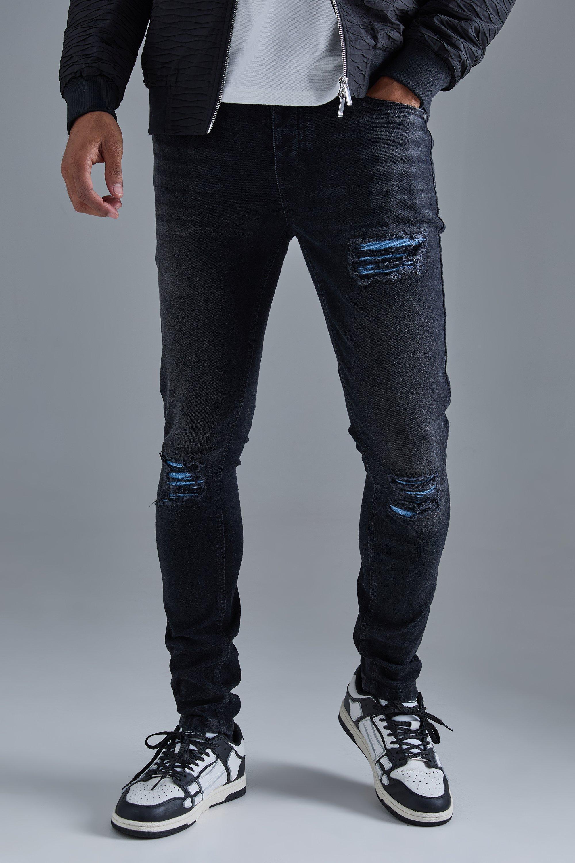 Skinny Stretch True Black Pu Biker Rip & Repair Jeans | boohooMAN USA Product Image