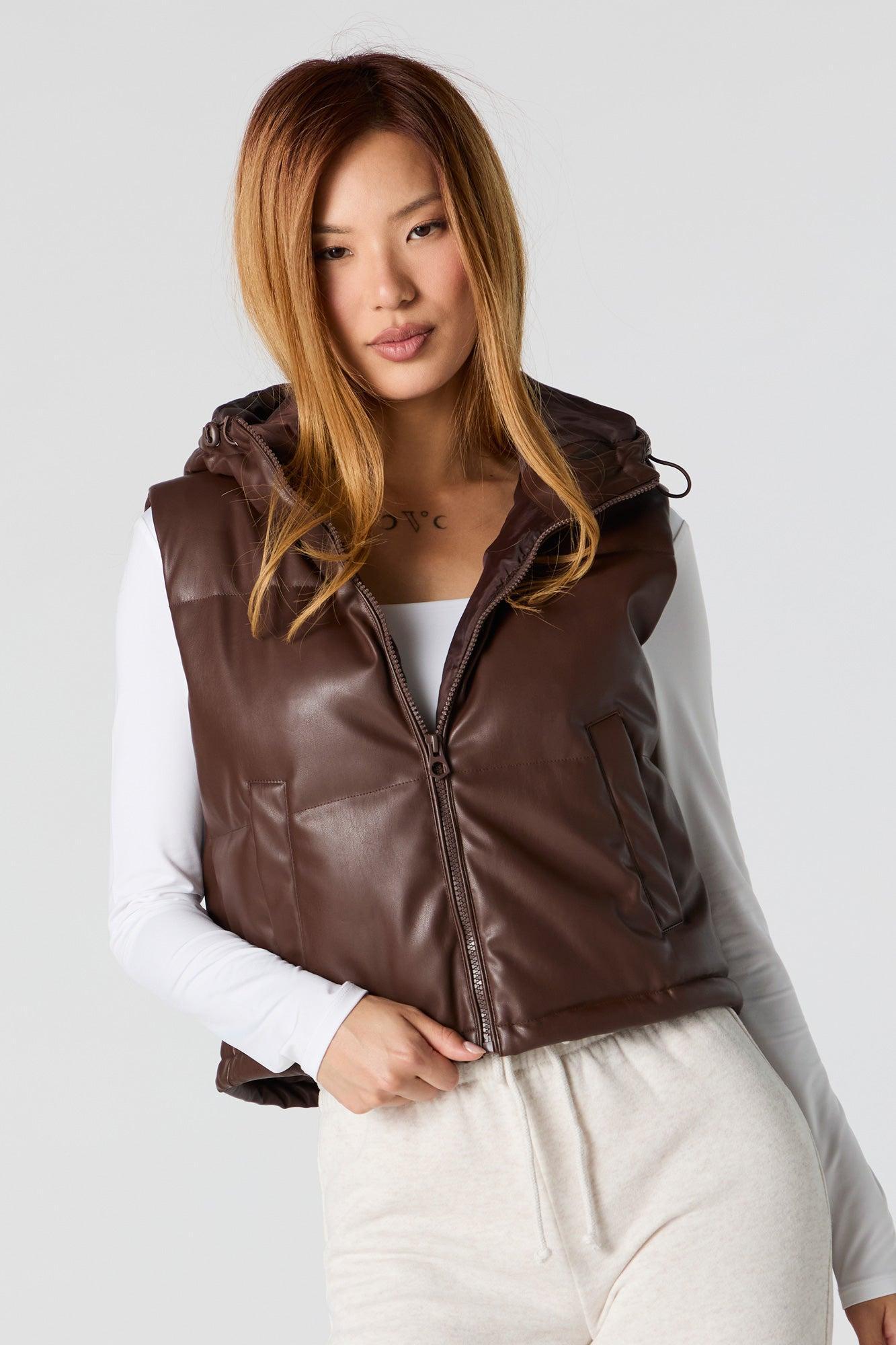 Faux Leather Hooded Puffer Vest Female Product Image