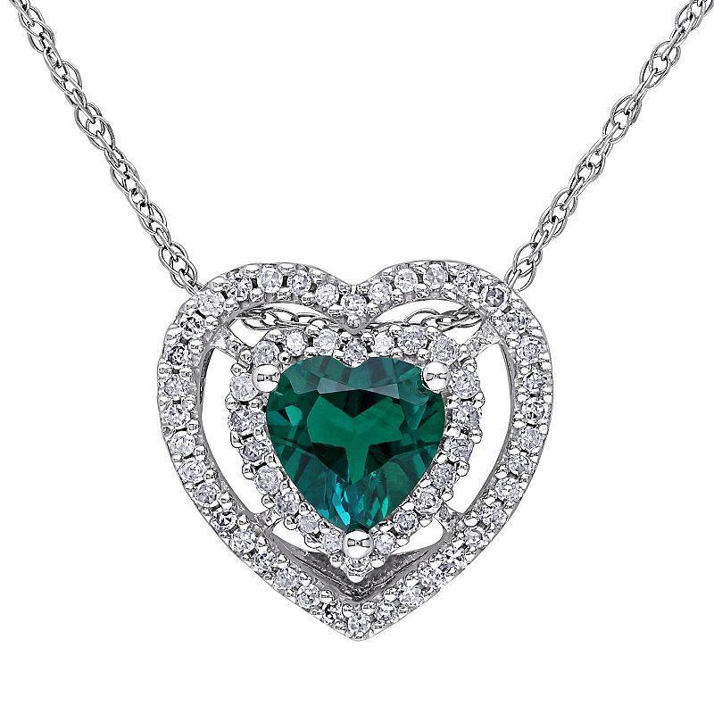 Stella Grace 10k White Gold 1/5 Carat T.W Diamond & Lab-Created Emerald Heart Shaped Pendant Necklace, Womens Green Product Image