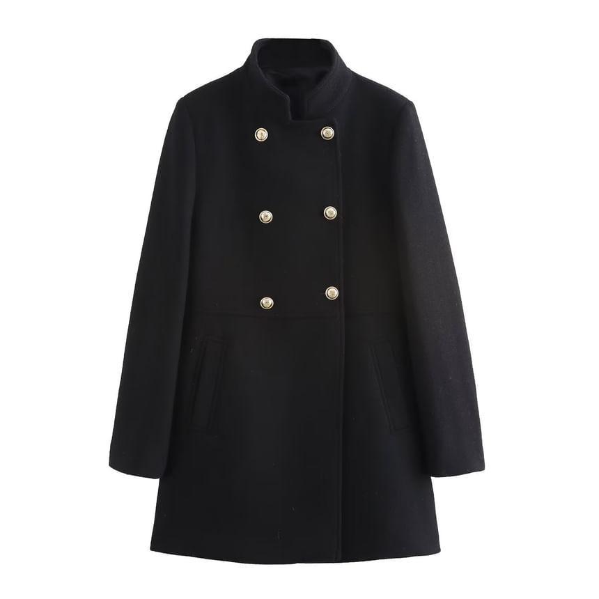 Stand Collar Plain Long Double-Breasted Coat Product Image