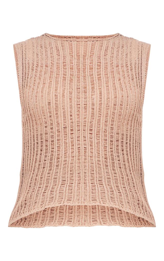 Mocha Sheer Textured Knit Racer Neck Top Product Image