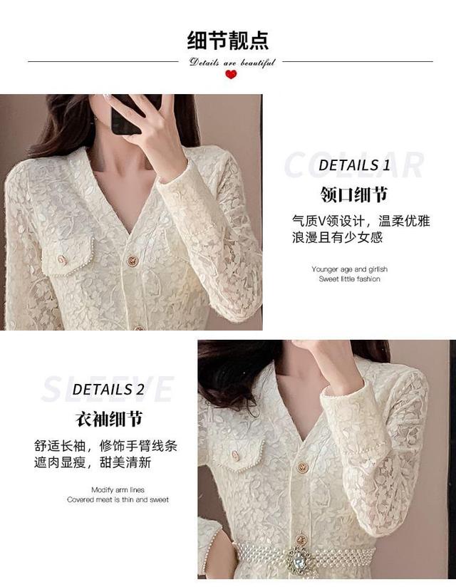 Long Sleeve V-Neck Lace Buttoned Midi A-Line Dress Product Image