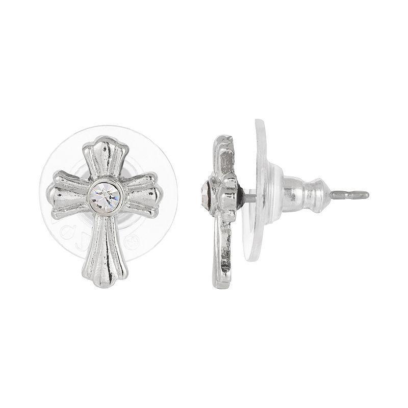 Symbols of Faith Silver-Tone Crystal Cross Stud Earrings, Womens Product Image