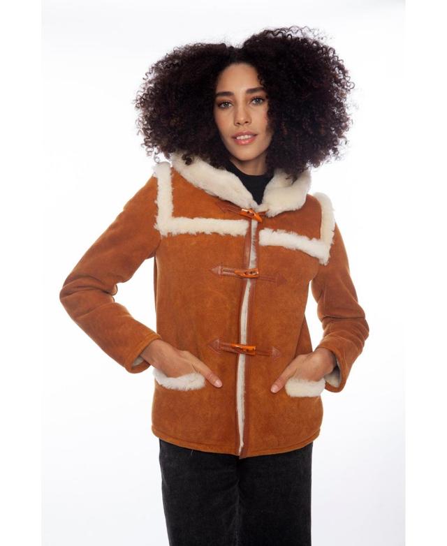 Womens Hoody Shearling Jacket, Washed Tan with White Wool Product Image