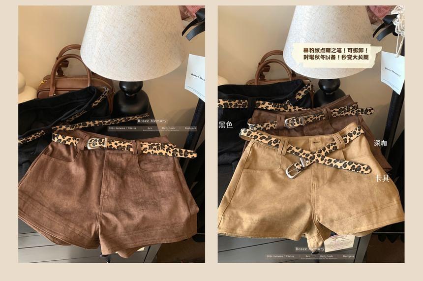 High Waist Plain Leopard Belted Shorts product image