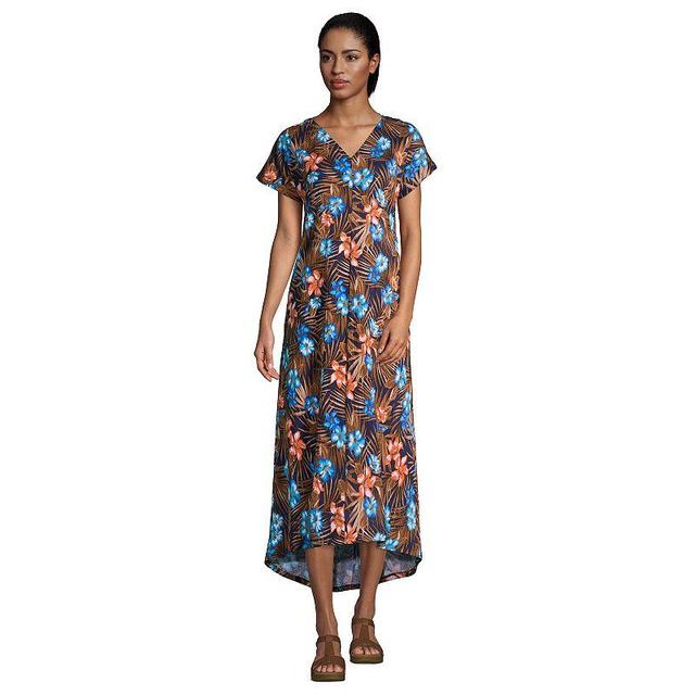 Womens Lands End High-Low Hem Maxi Dress Blue Tropic Palm Product Image