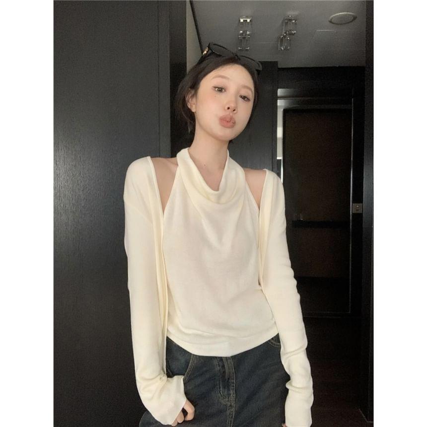 Long-Sleeve Halter Cowl Neck Mock Two-Piece Plain Slim Fit Knit Top Product Image