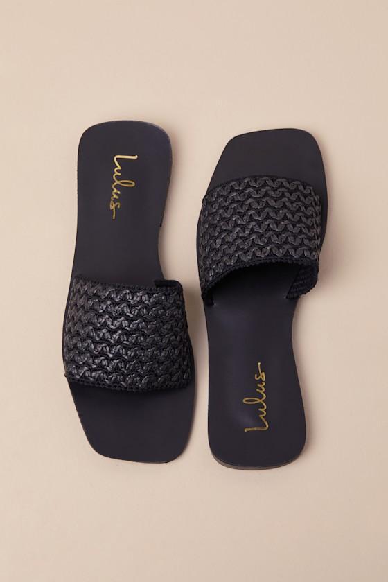 Charra Black Raffia Woven Flat Slide Sandals Product Image