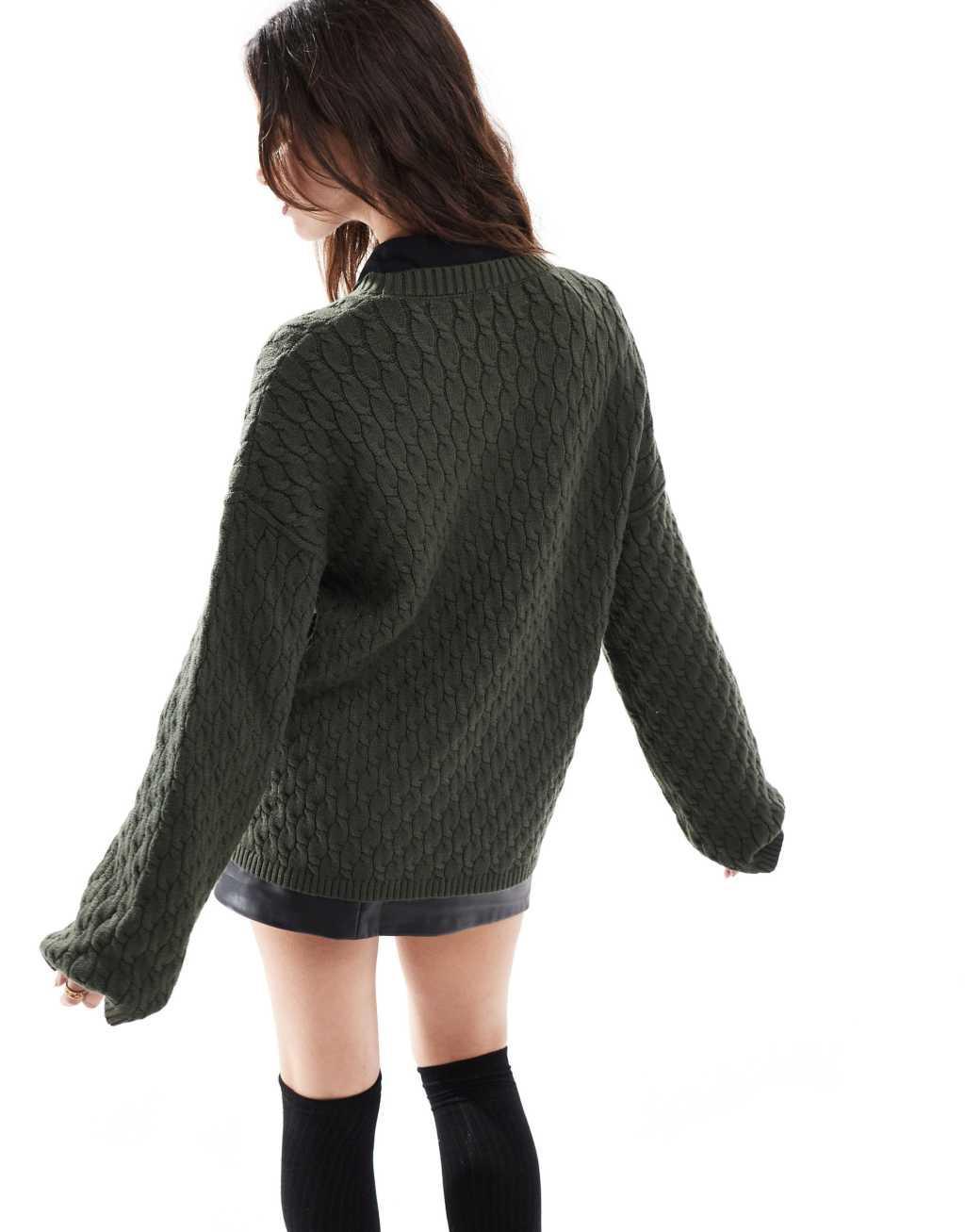 4th & Reckless cable knit sweater with scarf in khaki Product Image