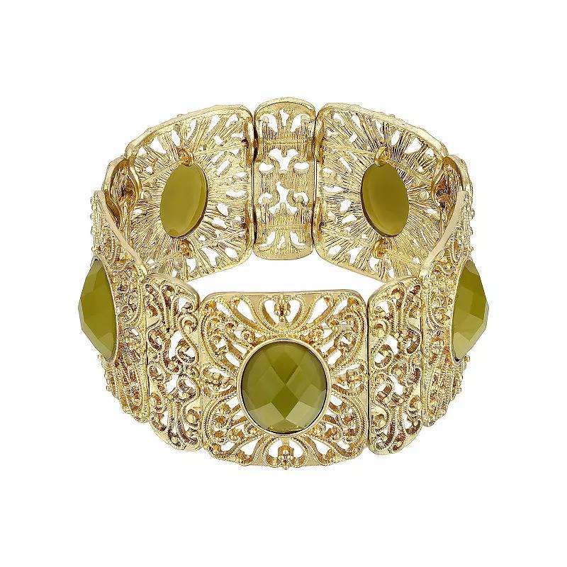 1928 Gold Tone Faceted Filigree Wide Stretch Bracelet, Womens, Green Product Image