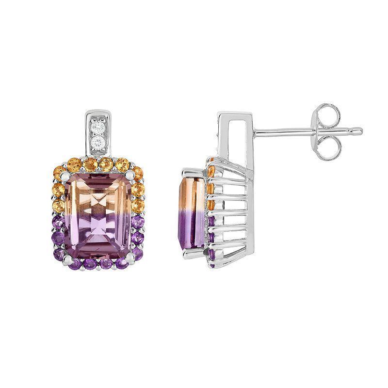 Sterling Silver Ametrine Rectangle Halo Drop Earrings, Womens, Multicolor Product Image