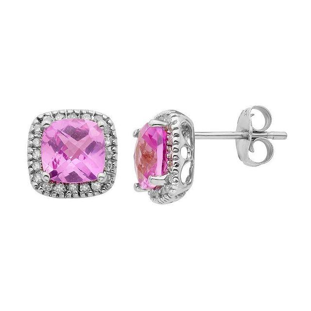 Lab-Created Pink Sapphire and 1/6 Carat T.W. Diamond 10K Gold Halo Button Stud Earrings, Womens Product Image