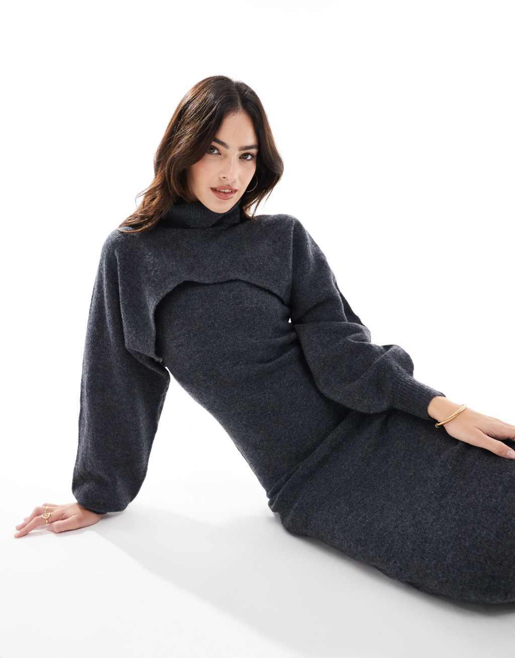 Pieces knitted roll neck cropped sweater in charcoal - part of a set Product Image