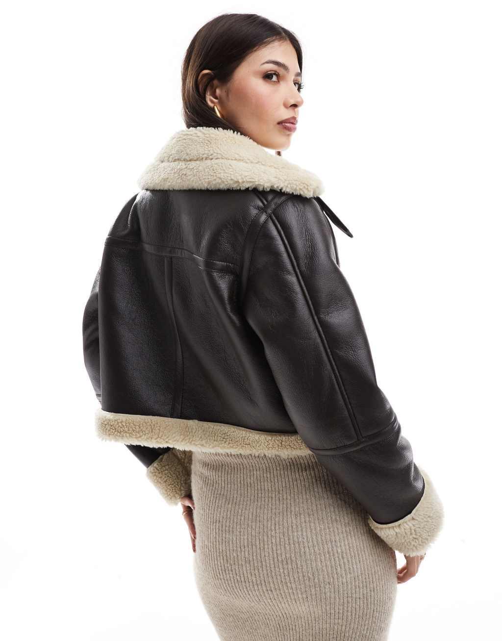 Pull&Bear faux shearling trim aviator jacket in chocolate brown Product Image