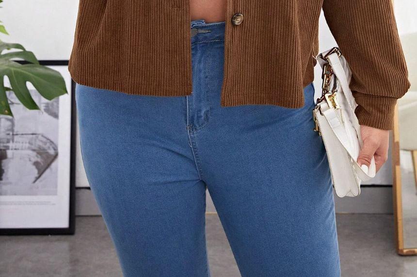 Plus Size Collared Corduroy Button-Up Crop Jacket Product Image