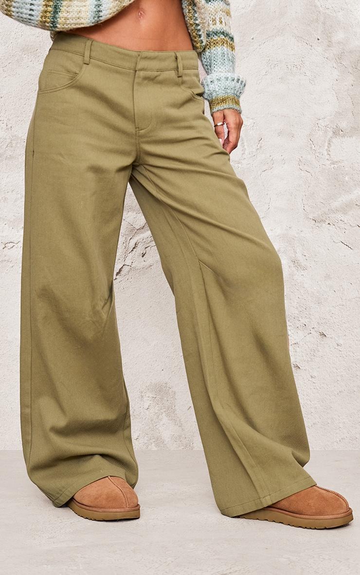  Khaki Low Rise Twill Wide Leg Trousers Product Image