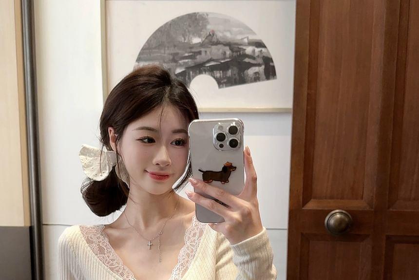 Long-Sleeve V-Neck Mock Two-Piece Plain Lace Panel Slim Fit Knit Top Product Image