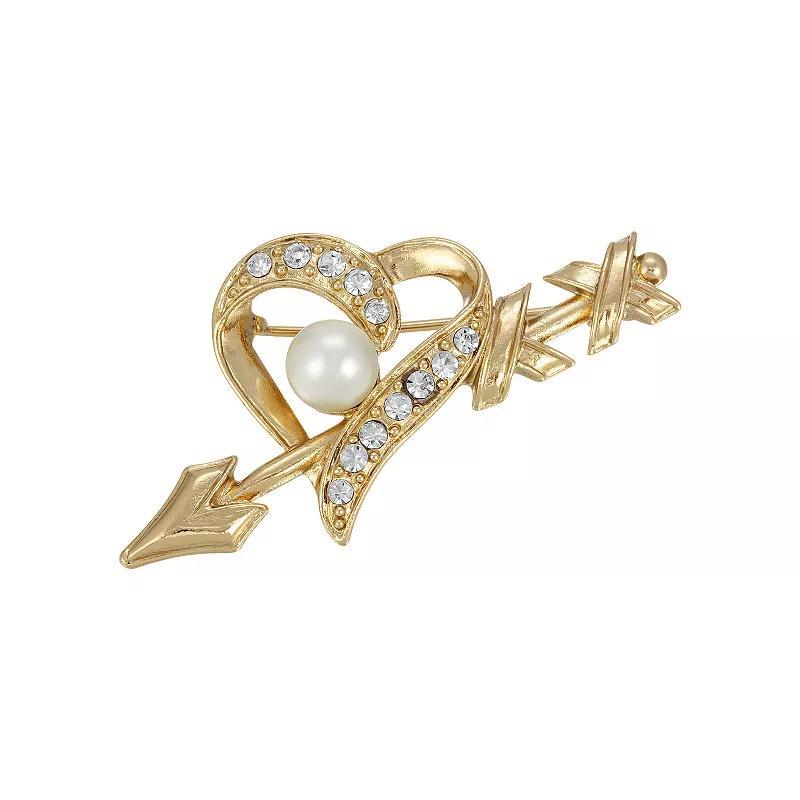 1928 Gold Tone Crystal & Simulated Pearl Heart and Arrow Pin, Womens Product Image