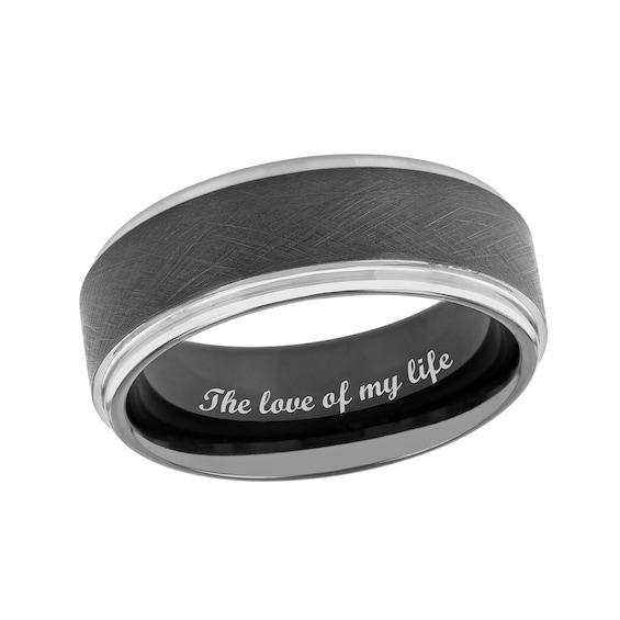 Men's 8.0mm Satin Inlay Stepped Edge Comfort-Fit Engravable Wedding Band in Tantalum and Black IP (1 Line) Product Image