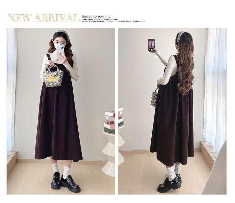 Maternity Long-Sleeve Mock Neck Plain Knit Top / Corduroy Midi A-Line Dungaree Dress / Set Product Image