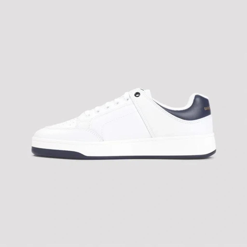 Luxury Leather Sneakers With Rubber Sole And Iconic Branding In White,blue Product Image