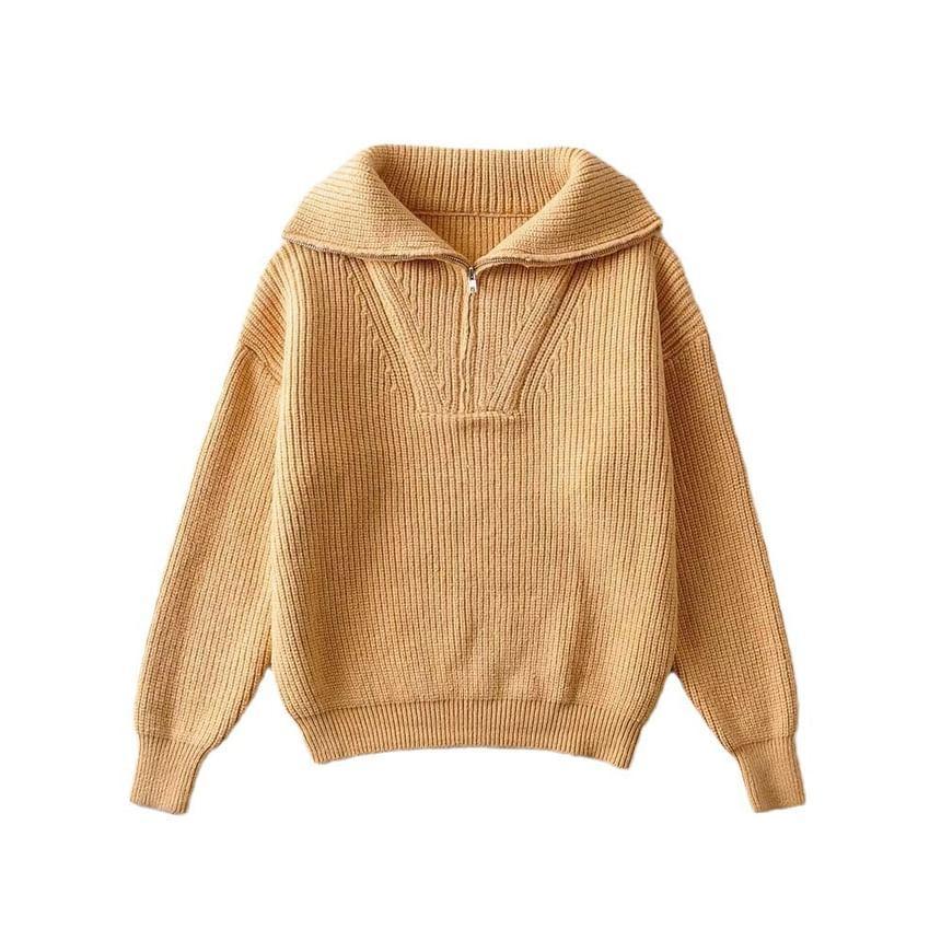 Half-Zip Plain Ribbed Sweater Product Image