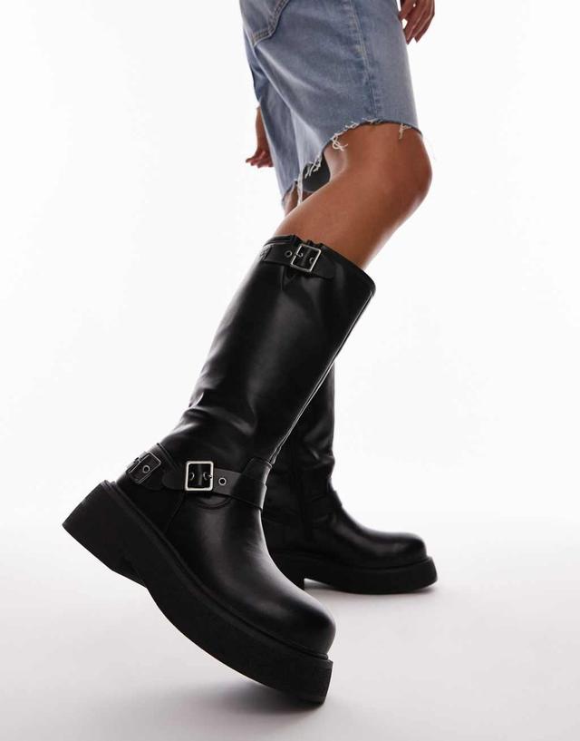 Topshop Wide Fit Roy chunky biker boots with hardware in black Product Image