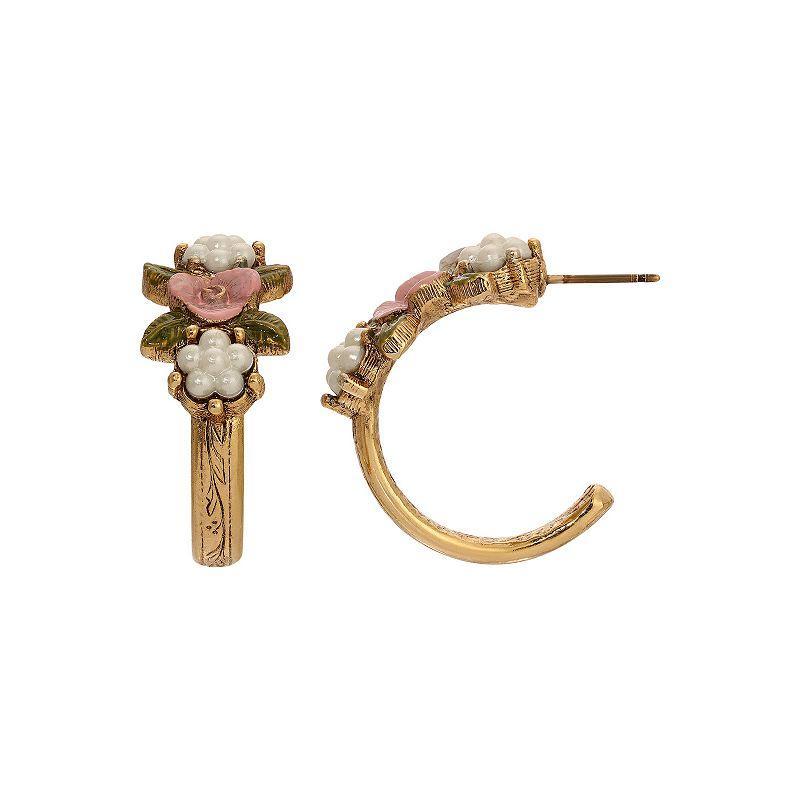 1928 Gold Tone Simulated Pearl Pink Flower C-Hoop Earrings, Womens Product Image