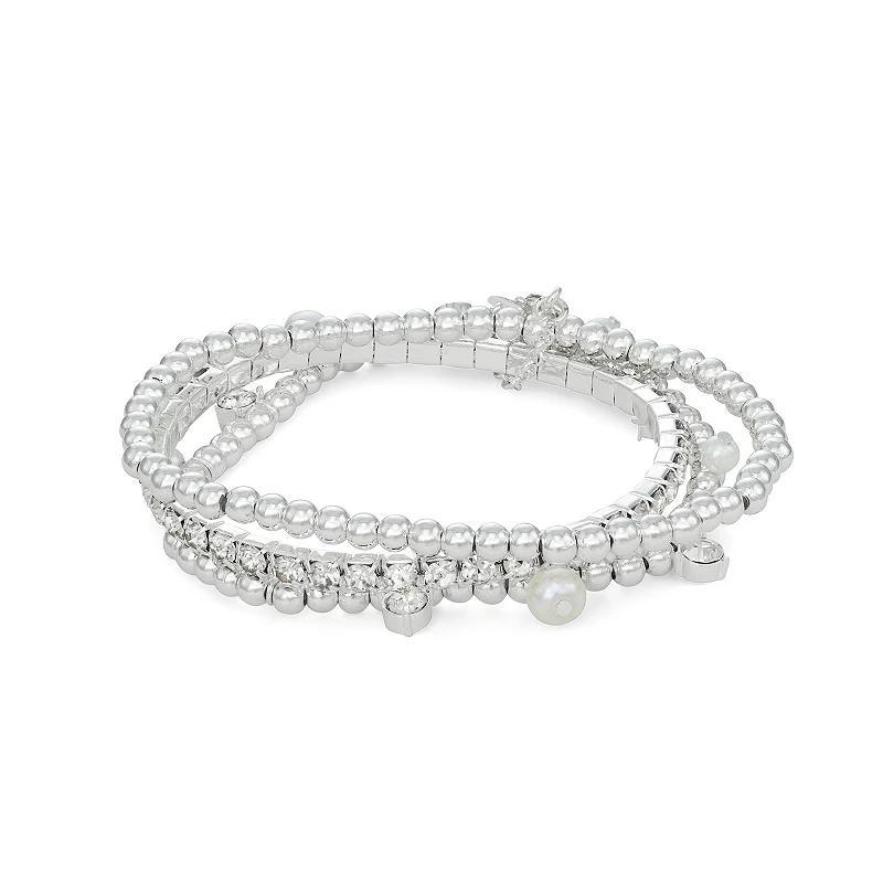 Nine West Silver Tone Crystal Bracelet 3-piece Set, Womens Product Image