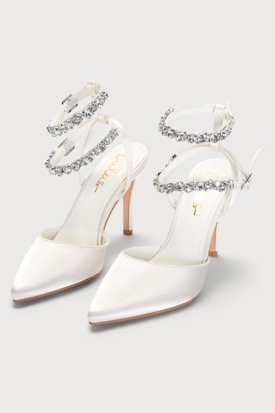 Syene White Satin Rhinestone Pointed-Toe Ankle Strap Heels Product Image