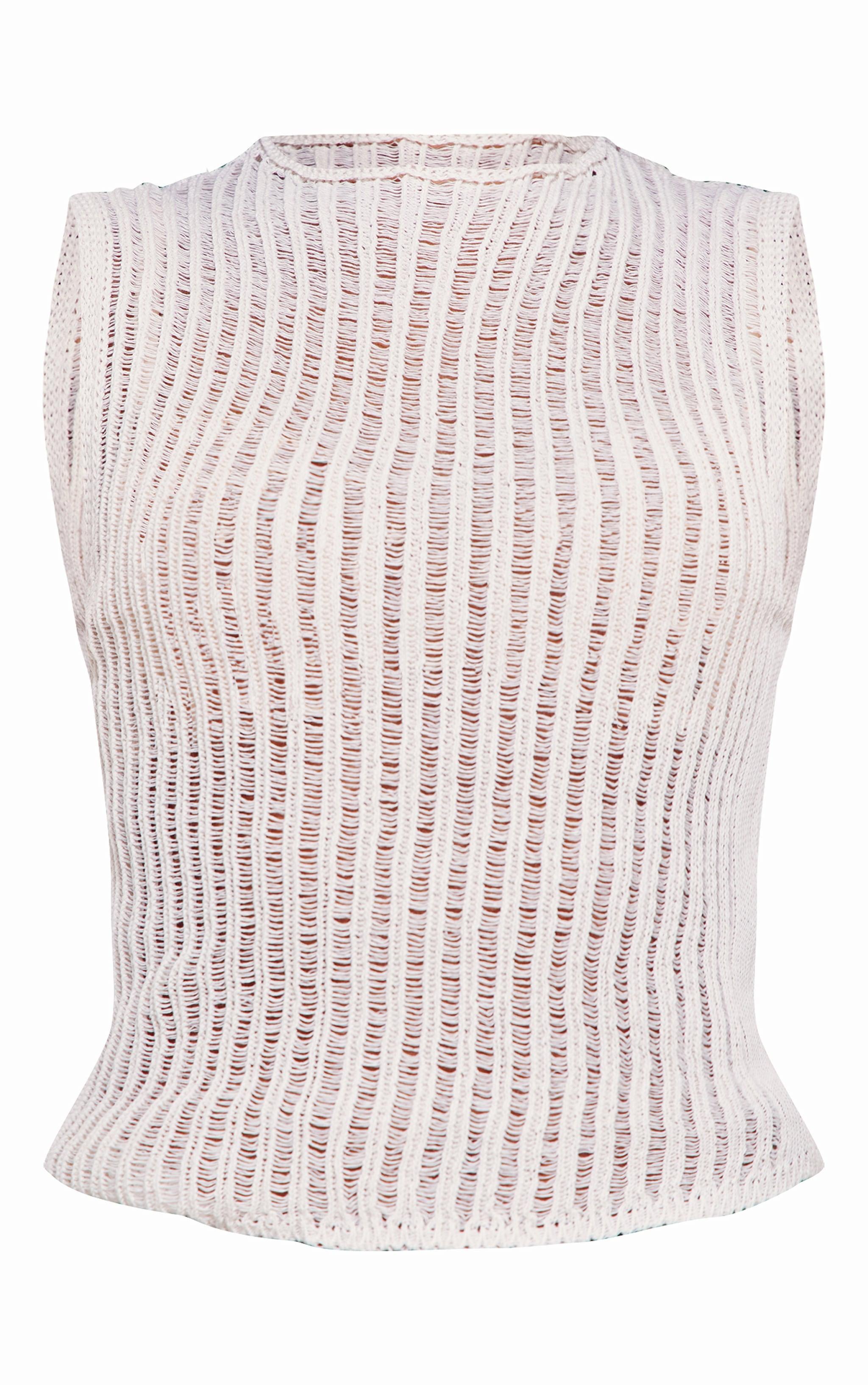 White Sheer Textured Knit Racer Neck Top Product Image