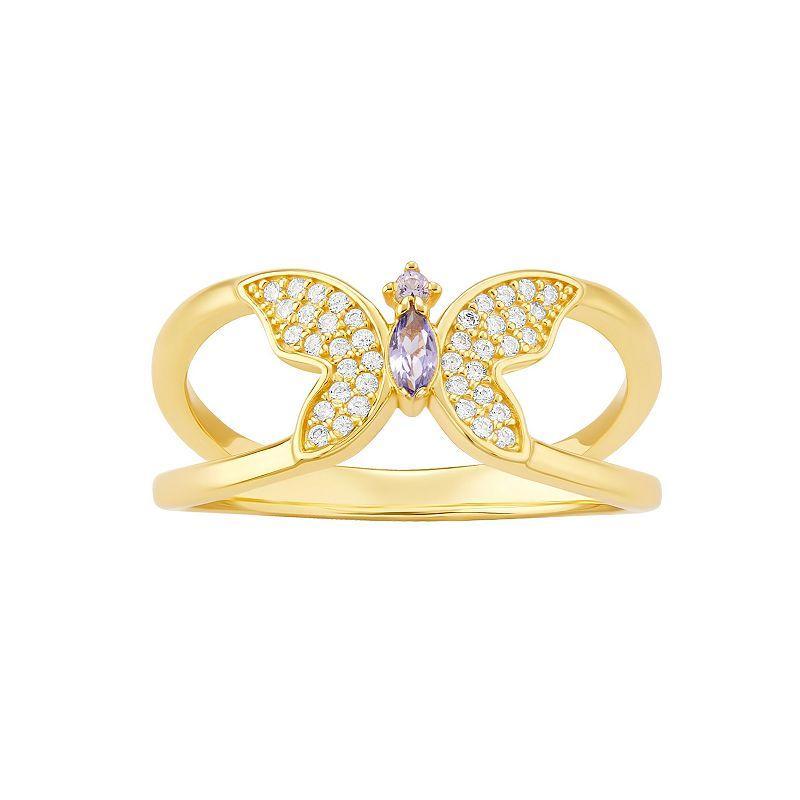 PRIMROSE 18k Gold Over Silver Cubic Zirconia Butterfly Ring, Womens Gold Tone Purple Product Image