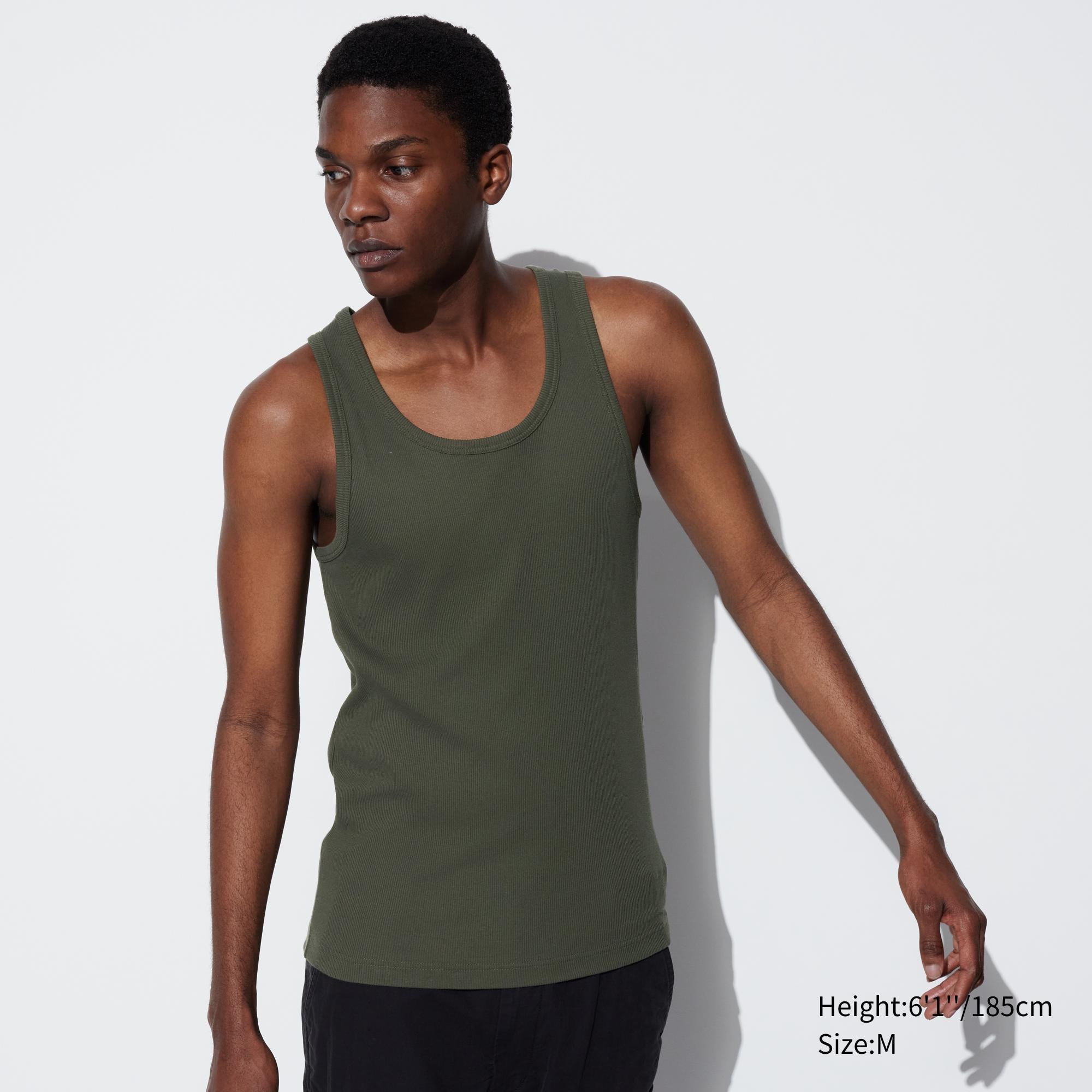 Mens Dry Color Ribbed Tank Top with Quick-Drying Olive 3XL UNIQLO US Product Image