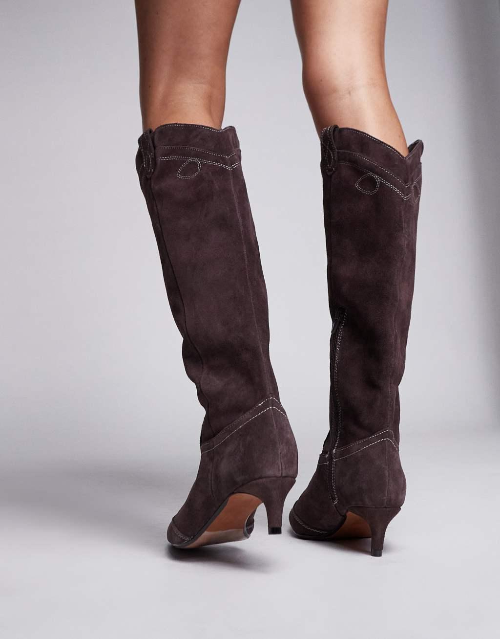 River Island knee high heeled suede western boot in brown Product Image