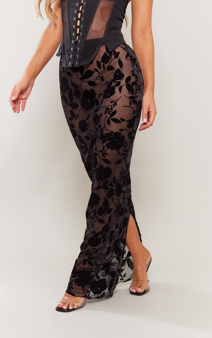 Black Mesh Devore Maxi Skirt Product Image